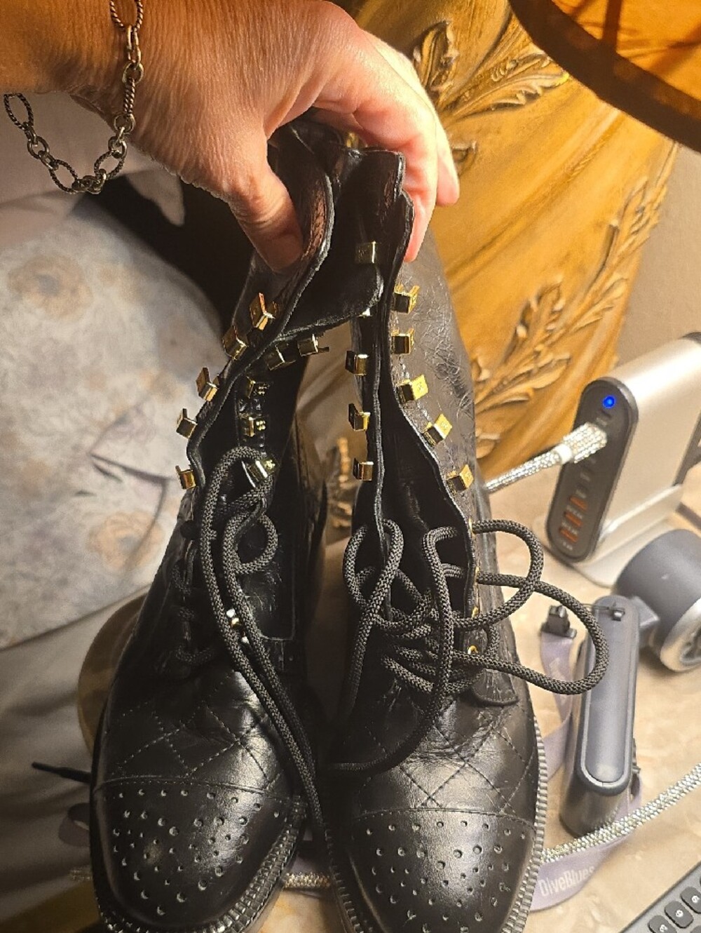 Chanel Black Combat Boots with Gold Square Studs - Picture 10 of 10